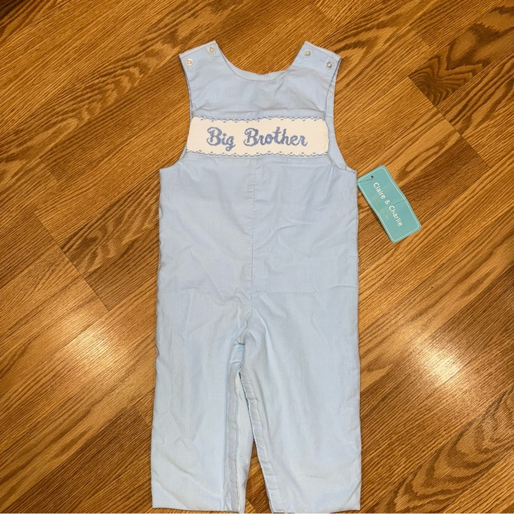 Claire and Charlie Blue Smocked Big Brother Overalls Romper sz 2